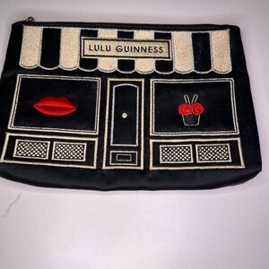 Lulu Guinness Black Pouch with Red and Cream Embroidery